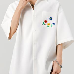 TEMU 남성 캐주얼 여름 셔츠, 화려한 꽃 자수 - 루즈핏, 짧은 소매 버튼업, 야외 활동 및 캐주얼 이벤트에 완벽, 캐주얼 여름 셔츠 | 화려한 자수 셔츠 | 비스턴스 소재