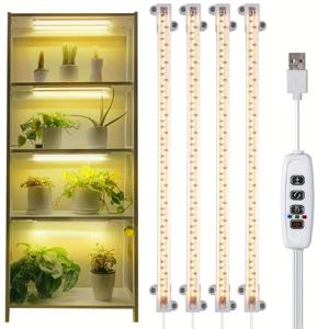 TEMU 실내 식물용 4팩 HOTU LED 성장등 - 전체 스펙트럼 태양광, 자동 타이머 3/6/12시간, 192개 LED USB 전원 조절 가능 밝기 6단계, 온실 및 다육식물, 유묘용 이중열 디자인 (어댑터 미포함) | 에너지 효율적 조명