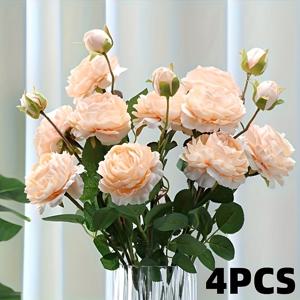 TEMU 4개입 인조 모란과 장미 부케, 3송이 장미 꽃꽂이, 실내 장식용 꽃, 빈티지 플로럴 , 결혼식 및 DIY 공예용, 현실적인 웨딩 테이블 센터피스