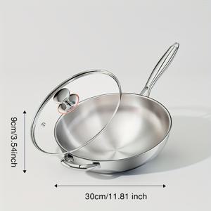 TEMU 30cm/11.8인치 무코팅 304 스테인리스 웍, 3중 두께 미러 폴리싱 강화 유리 뚜껑 포함 - 대용량 딥 프라이팬, 가스·인덕션 등 모든 조리기구 사용 가능, 식기세척기 안전, 실내외 요리에 이상적