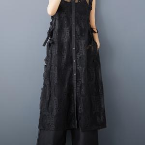 TEMU 여성용 슬리브리스 레이스 드레스, 라플 디테일 - 캐주얼 일본풍 홀로우 아웃 디자인, 흰색과 검은색 꽃무늬, 성인 캐주얼 의상에 적합, 캐주얼 의상|라플 디테일 드레스|레이스 디테일|나시원피스|민소매원피스