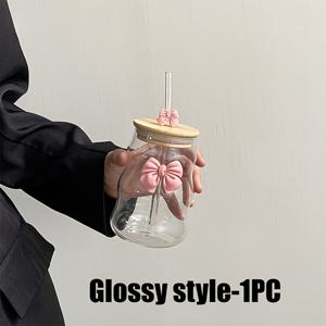 TEMU 1pc 우아한 리본 유리 컵 - 뚜껑과 빨대가 있는 파도 모양의 줄무늬 재사용 가능한 음료 용기, 우유, 커피, 가정 장식에 이상적 - 데이 및 라마단 축하, 커피 바 액세서리