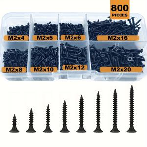 TEMU 800개 블랙 건축용 스크루 세트 - 8가지 크기 M2x4부터 M2x20까지, 탄소강으로 만든 필립스 드라이브, 블랙 옥시드 코팅 - 프레임, 페인트, 사진 걸이용으로 완벽, 내구성이 뛰어난 표준 스크루 드라이버 스크루