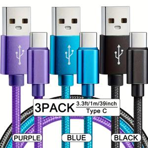 TEMU 고속 충전 케이블, 3개 나일론 브레이디드 USB-C 고속 충전 케이블 USB to Type-C 고속 데이터 동기화 코드 3.3ft/6.6ft/10ft USB A to USB C /Google/Pixel/Sony/Oppo/Moto 및 기타용|C타입충전기