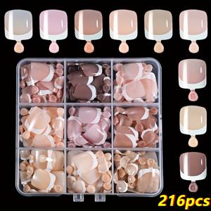 TEMU 216pcs 프랑스 짧은 사각형 발톱 팁, 흰색 팁이 있는 풀 커버 거품 효과가 있는 단색 발톱, 여성을 위한 여름 프레스 온 발톱, 발톱 연장