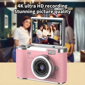 TEMU 4K 울트라 HD 플립 스크린 디지털 카메라 - 초보자용, USB 충전식, 4K 메가 픽셀 CCD 센서, 4K 비디오 녹화, 1080P HD 사진, 색상(핑크/화이트/블랙), 초보자용 사진 촬영, 현대적인 미학, 고품질 렌즈