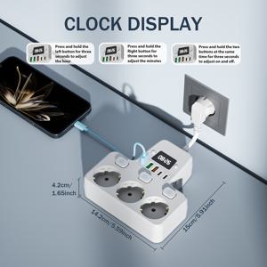 TEMU 1pc 전기 보호 전원 스트립 USB 포트 및 스위치, 3 AC 아웃렛, 2 USB-C, 1 시계, 조절 가능한 야간 조명, 홈, 사무실, 침대, 여행용 멀티 스위치 - 블랙 및 화이트, 사무실 전원 스트립, 다기능 충전 , 세련된 디자인, 내구성, 홈 충전 , 현대적인 충전기, 내구성, 고품질 충전기, 기술 애호가