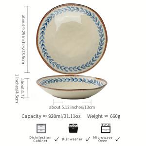 TEMU 1pc 9인치 세라믹 라운드 샐러드 보울, 파란색 리본 & 잎 디자인 - 샐러드, 디저트 및 더 많은 것을 위한 빈티지 브렉퍼스트 보울 - 올 시즌, 우아한 테이블웨어, 샐러드 보울