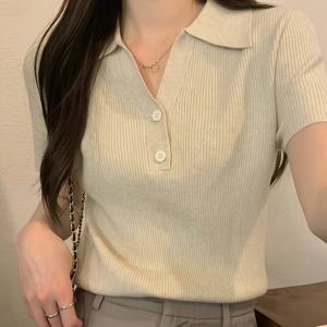 TEMU 여성용 폴로 칼라 상의 봄과 여름을 위한, 독특한 한국 디자인과 특이한 버튼, 짧은 소매, 아이스 실키 섬유로 제작된