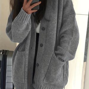 TEMU 여성용 편안한 V넥 가디건 - 올리브 그린 케이블 스웨터, 블랙 버튼, 긴 소매, 가을/겨울 캐주얼 착용용, 겨울 가디건