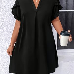 TEMU 플러스 사이즈, 여성용 우아한 V넥 러플 소매 드레스 - 솔리드 블랙, 핏감 좋은 실루엣, 세탁기 사용 가능, 사계절 캐주얼 & 포멀 착용 가능, 고품질 제작, 부드러운 원단