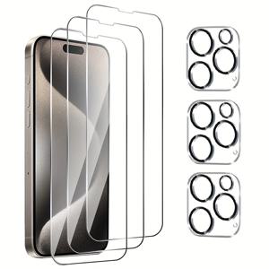 TEMU For iPhone 11/12/13/14/15/16 Pro Max용 3-팩 강화 유리 스크린 보호 필름 및 카메라 렌즈 커버 - HD 클리어, 전체 범위, 내유성 광택 표면