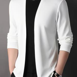 TEMU 남성용 캐주얼 폴리에스터 니트 가디건, 100% 폴리에스터, 긴 소매, 단색, 스커트핏, 약간의 신축성, 모든 계절을 위한 패션 스웨터용 셔울 칼라