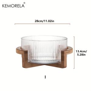 TEMU KEMORELA 줄무늬 유리 샐러드 & 과일 그릇, 나무 스탠드 포함 - 스크래치 방지, 거실용 라운드 디저트 디스플레이, 오후의 차, 셀프 서비스 분지, 아이스 과일 접시, KEMORELA
