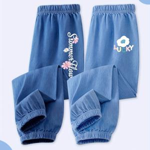 TEMU JEANSWEST 여아용 사이즈 7 여름 통기성 데님 팬츠 - 플로럴 프린트 루즈핏 캐주얼 바지, 세탁기 사용 가능, 야외 활동 및 일상복에 완벽