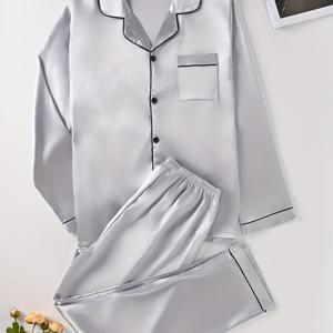 TEMU 2pcs 남성용 파자마 세트 - 통기성이 좋은 긴 소매 & 바지 수면복, 부드러운 폴리에스터 블렌드, 단색, 홈 & 아웃도어 편안함을 위한 버튼 업 파자마, 수면용 파자마