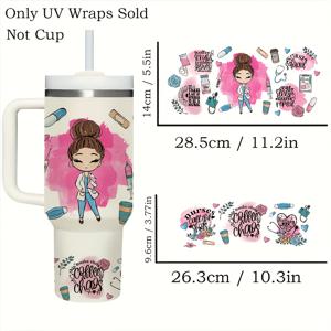 TEMU 40온스 리비 글라스용 간호사 생활 테마 비닐 전사지 팩 2개, 장식용 PVC 전사지 UV 인쇄, 방수, 무광 마감, 자체 접착, 재사용 가능, 줄무늬 패턴, 유리 컵 제외 금속 표면에 적합