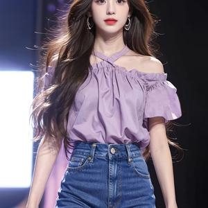 TEMU 여성용 오프숄더 홀터넥 블라우스 - 2025 여름 패션 라벤더 퍼플 루즈핏 플레어 슬리브 탑, 캐주얼 아웃팅 & 청춘 시크 스타일을 위한 통기성 기계 세탁 가능 셔츠, 트렌디한 탑, 쉬운 관리, 스타일리시 여성용 상의