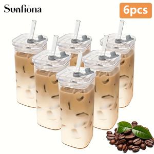 TEMU Sunfiona 4/6pcs 12oz 아이스 커피 컵, 유리 뚜껑과 빨대가 있는, 고성능 보로실리케이트 유리 컵, 재사용 가능한 와이드 머스 블렌더 컵, 휴일 선물, 어머니의 날 선물로 적합합니다.
