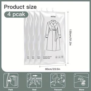 TEMU 2025년 신제품 2/4팩 행잉 진공 보관백, 코트용 확장형 - 옷걸이 정리 파우치, 밀폐 백, 의류, 드레스, 정장, 긴 코트, 재킷 공간 가방