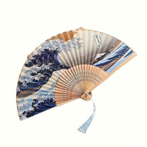 TEMU 1개 일본 웨이브 아트 핸드헬드 접이식 부채 - 가벼운 휴대용 쿨링 팬, 전통 디자인, 댄스·코스프레·문화 행사 및 선물용, 우아한 패턴, 내구성 강화, 코스프레 애호가 및 무용수용