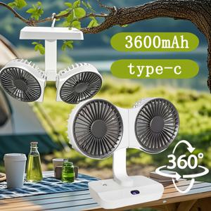 TEMU 3600mAh 대용량 배터리, 360° 회전, 자동 스윙, 조절 가능한 속도 및 방향, USB 및 Type-C 충전, 공기 순환 디자인, 3단계 제어, 양방향 사용, 가정, 사무실, 야외 캠핑 및 스포츠용으로 사용되는 오래 지속되는 리튬 배터리, 캠핑 팬 | 듀얼 헤드 팬 | USB 충전식 팬, 책상용 팬|캠핑선풍기