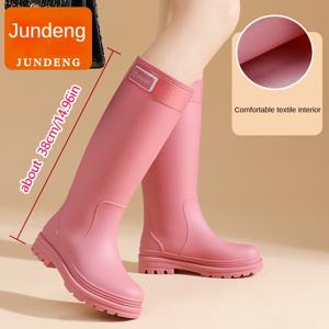 TEMU 여성용 세련된 높은 비 오는 날 부츠 - 블랙, 레드, 베이지 및 핑크, 조절 가능한 스트랩, 닫힌 발가락, 비 오는 날 외출용 미끄럼 방지 트레드, 성인용 비 오는 날 신발, 비 오는 날 신발, 현대 비 오는 날 의류, 내구성 있는 비 오는 날 의류|여성운동화