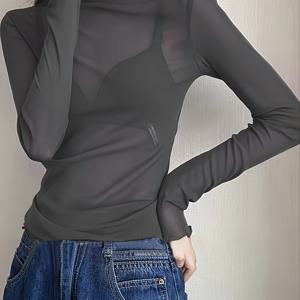 TEMU 솔리드 터틀넥 메시 티셔츠, 섹시한 긴 소매의 투명한 프릴 트림 탑, 여성 의류