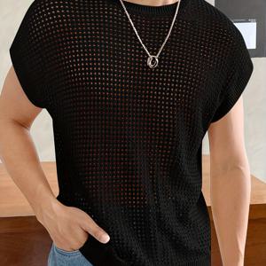TEMU 2024 신상 남성용 블랙 시스루 니트 스웨터 - 데일리 패턴, 스트레치 반팔 라운드넥, 캐주얼 & 포멀웨어용 가벼운 우아한 풀오버, 여름 의류, 신축성 있는 원단