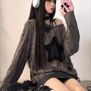TEMU Y2K 스타일 여성용 오프숄더 긴팔 티셔츠 - 기하학적 패턴, 폴리에스터 원단, 스타 디테일이 있는 스트랩리스, 캐주얼 루즈핏, 봄/가을 컬렉션