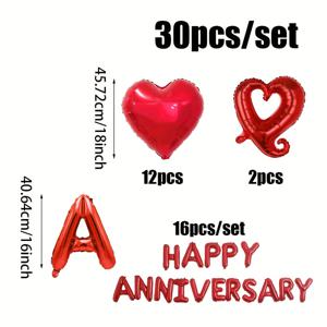 TEMU 30개 벌룬 세트, 해피 애니버서리 배너, 빨간색 하트 모양 호일 풍선, 데이 장식 풍선, 기념일 결혼식 프로포즈 생일 파티 새해 장식 객실 장식