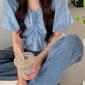 TEMU 여성용 V넥 블라우스, 퍼프 슬리브 - 프랑스식 짧은 소매 상의, 드로스트링 허리, 단색 캐주얼 셔츠, 봄/여름용, 봄 패션 상의 | 프랑스식 디자인 | 부드러운 텍스처 소재|블라우스|반팔셔츠|여름블라우스