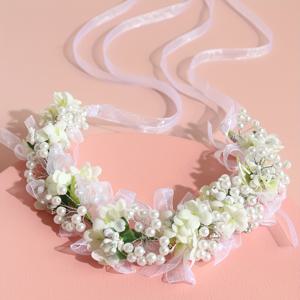 TEMU 웨딩용 우아한 화이트 플로럴 헤어밴드 1개 - 리본 장식 포함, 신부 및 들러리용 봄 여름 헤어 액세서리