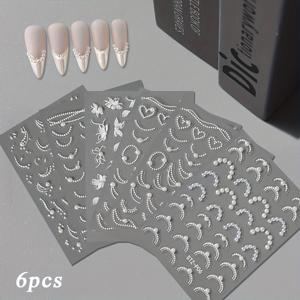 TEMU 6개 화이트 5D & 라인스톤 프렌치 레이스 웨이브 네일 아트 스티커 세트 - 자체 접착식 웨딩 시즌 네일 데칼, Y2K 스타일 매니큐어 용품과 오션 디자인, 결혼식 및 특별한 날을 위한 네일 장식 | 엠보싱 장식, 네일 참 액세서리