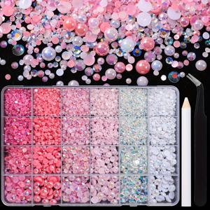 TEMU 9000pcs 핑크 & 화이트 플랫백 진주 & 라인스톤 키트 - 혼합 크기 3-8mm, 하이포알러겐, 네일 아트, 공예 및 장식에 이상적 - 트위저 & 픽업 펜슬 포함, 공예 장식 키트 | 생동감 있는 색상 팔레트 | 하이포알러겐 진주, 네일 아트 용품