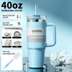 TEMU 손잡이가 있는 40oz 이중벽 진공 단열 스테인리스 텀블러, 누수 방지 뚜껑 & 빨대 포함 - 24시간 온도 유지, 캠핑 및 여행용 휴대 가능, 헬스용 - 도트 디자인, 청소 브러시 포함|텀블러