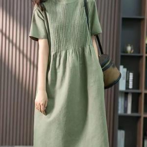 TEMU 여성용 여름 리넨 원피스 데일리 캐주얼 루즈핏 골지 장식 라운드 미디 반팔 루즈핏 캐주얼 A라인 스커트 무릎 롱스커트
