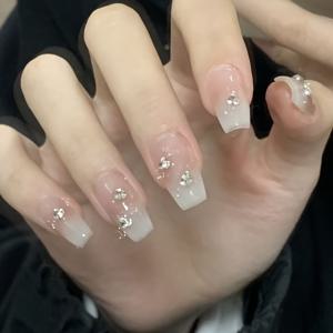 TEMU 10개입 핸드메이드 프레스온 네일 - 스위트 핑크 & 누드 글리터 라인스톤 디자인, 발레티폼 중간 길이 여성용 재사용 가능 인조네일, 파티·웨딩·데일리 착용 쉬운 적용 내구성 높은 품질 인조네일, 네일 액세서리