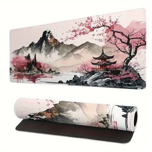 TEMU 1pc 수채화 벚꽃 대형 게임용 마우스 패드, 일본식 마우스 패드, X 11.8 인치, 대형 데스크 매트, 미끄럼 방지 베이스 및 데스크 홈 오피스용 스티치 가장자리가 있는 확장 키보드 마우스 패드