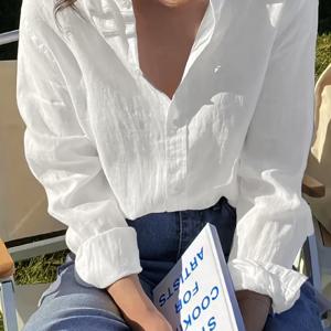 TEMU 여성용 우아한 화이트 폴리에스터 캐주얼 셔츠 - 다용도 긴팔, 리브드 커프스와 밑단이 있는 버튼업 블라우스, 봄/가을 외출에 완벽