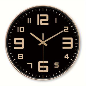 TEMU 1pc 블랙 Silent Wall Clock, 금색 손과 숫자, 둥근 유리 및 플라스틱, 일본 퀼트 운동, 배터리 작동 (AA 포함되지 않음) - 거실, 주방, 침실, 사무실 장식, 침실 벽시계|장식 벽시계|골든 숫자 디자인, 벽시계 거실