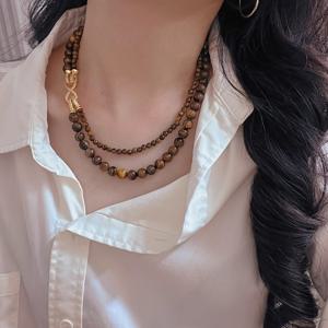 TEMU 더블 스트랜드 합성 타이거 아이 비즈 목걸이 - 골든톤 악센트, 빈티지 스타일 레이어드 여성용 주얼리, 일상 및 파티 착용, 생일/마르디 그라 선물, 연중 활용 가능한 타이거 넥클리스