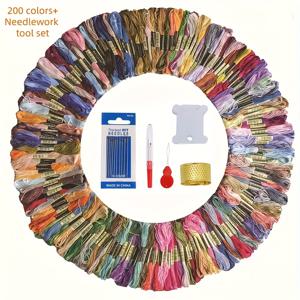 TEMU 200가지 색상의 자수실 혼합팩, 100% 순수 실, 각색당 800cm 길이, 와인더, 바늘 꿰매기 도구, 가위 및 손가락 보호대 포함, 크로스 스티치, 바느질, 공예용