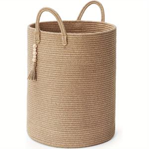 TEMU 1개 대형 짠 보관 바구니 - 담요, 요가 매트, 세탁물, 등에 적합한 클래식 베이지 로프 정리함 - 침실, 거실, 세탁실에 적합, 세탁 바구니, 선반 바구니, 선반 바구니