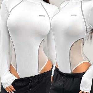 TEMU 여성용 Y2K 스트리트 스타일 긴팔 메쉬 패널 바디수트 - 신축성 있는 폴리에스터-스판덱스 블렌드, 스탠드 칼라, 올 시즌 착용, 블랙과 화이트 트림 및 액센트, 다용도 의류 | Y2K 패션 | 텍스처