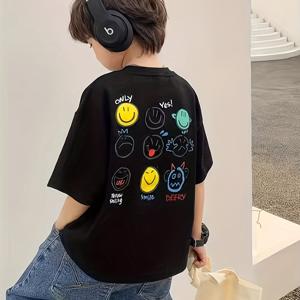 TEMU 2025년 여름 어린이 티셔츠 - 캐주얼 루즈핏, 라운드 넥, 반팔, 컬러풀한 만화 프린트, 남아용 힙합 스타일, 티셔츠