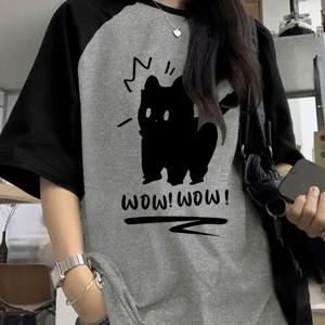 TEMU 여성용 컬러 블록 라글란 슬리브 만화 프린트 반팔 티셔츠, 패션과 트렌디한 여름 룩을 위한 디자인, 여유롭고 멋진 상의.