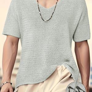 TEMU 남성용 연한 파란색 니트 V넥 반팔 스웨터 - 봄/여름 캐주얼 착용 및 휴가 레저에 완벽, 스타일리시 루즈핏, 다재다능한 의류, 중간 신축성 원단|요가복|골프웨어