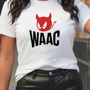 TEMU 여성 WAAC 그래픽 티셔츠 - 신축성, 통기성, 크루 넥, 반팔 티셔츠, 슬림핏 캐주얼 여름 상의, 대담한 빨간 악마 로고, 블랙, 캐주얼 웨어 | 세련된 모양 | 신축성 있는 원단