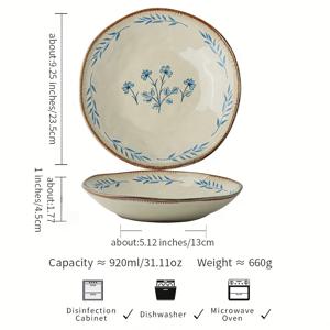 TEMU 1pc 9인치 세라믹 라운드 샐러드 보울, 파란색 리본 & 잎 디자인 - 샐러드, 디저트 및 더 많은 것을 위한 빈티지 브렉퍼스트 보울 - 올 시즌, 우아한 테이블웨어, 샐러드 보울